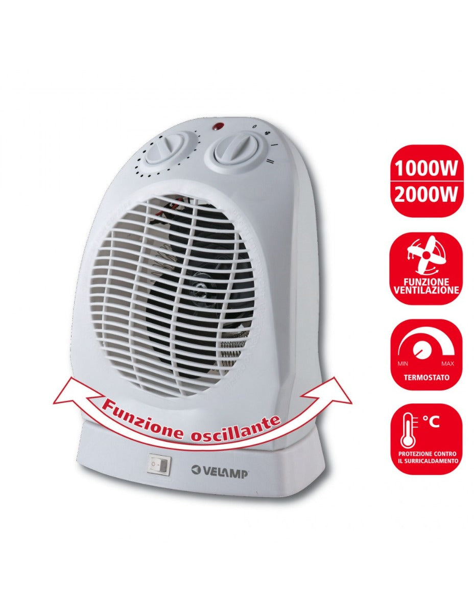 TERMOVENTILATORE FISSO 2KW 2 VELOCITÀ BASE OSCILLANTE BIANCO