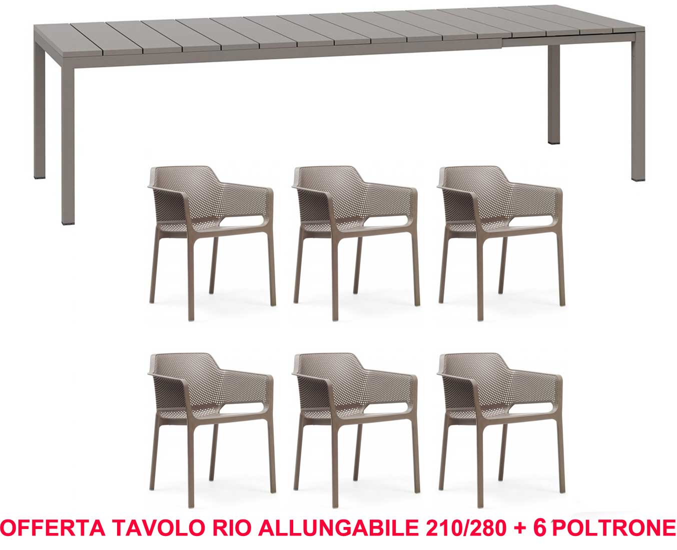 OFFERTA TAVOLO RIO ALLUNGABILE 210/280 + 6 POLTRONE NET COLORE A SCELTA