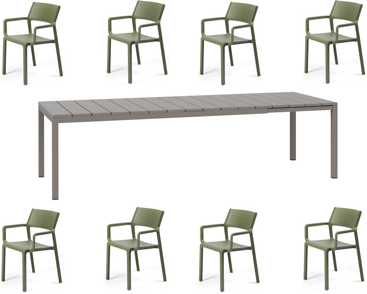 OFFERTA TAVOLO RIO 210/280 CON 8 POLTRONE TRILL TORTORA/AGAVE