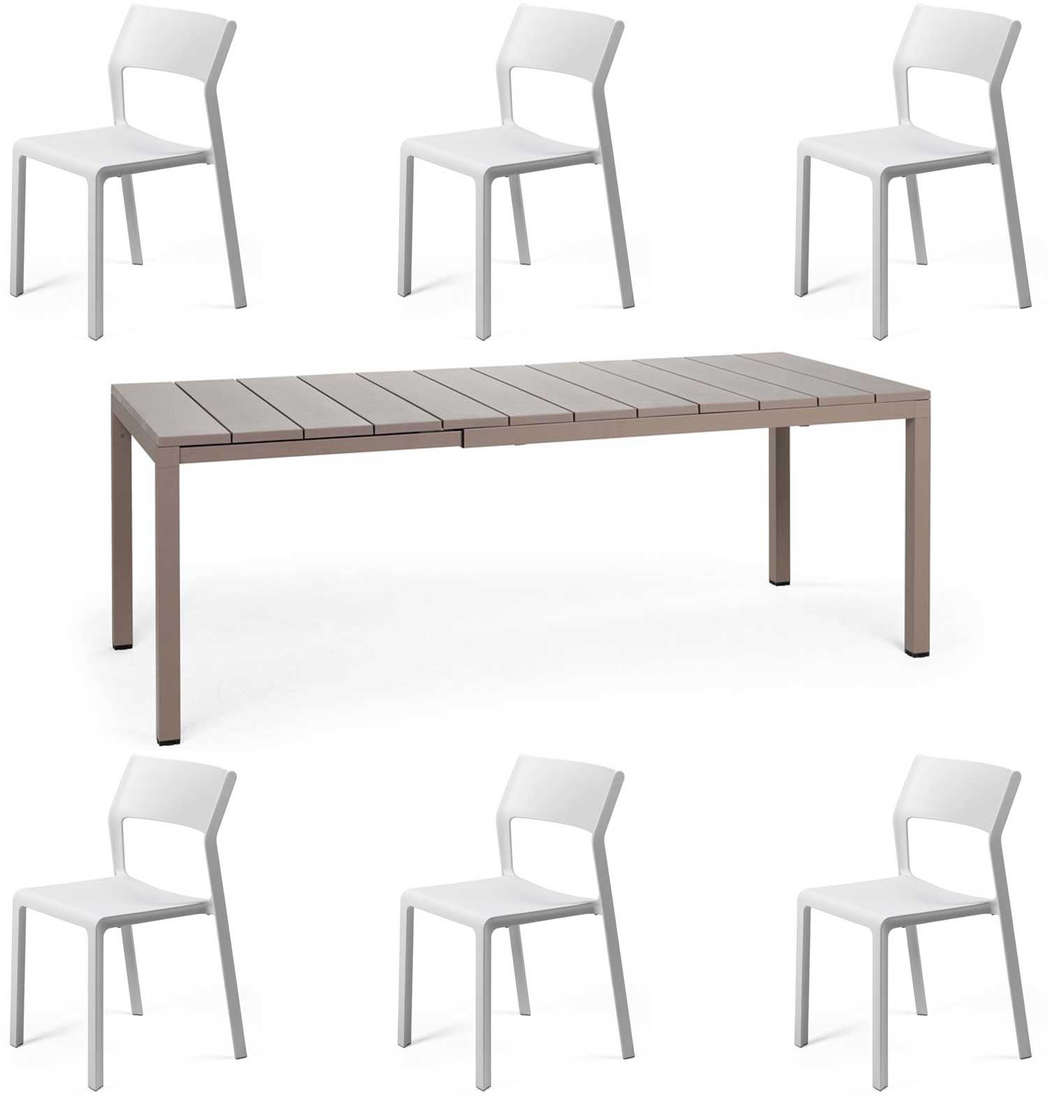 OFFERTA TAVOLO RIO 140/210 CON 6 SEDIE TRILL BISTROT TORTORA/BIANCO