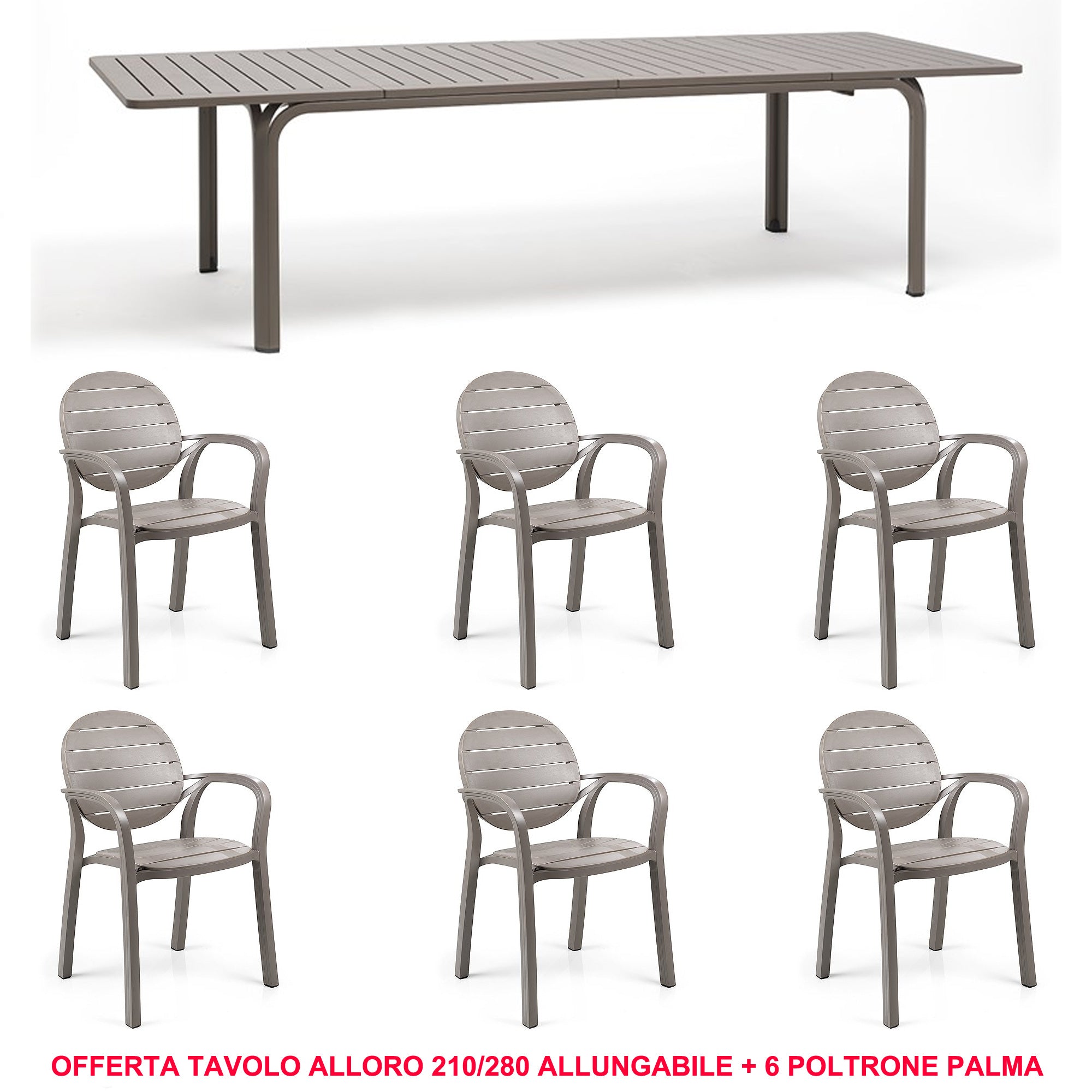 OFFERTA TAVOLO ALLUNGABILE ALLORO 210/280 CM + 6 POLTRONE PALMA COLORE A SCELTA