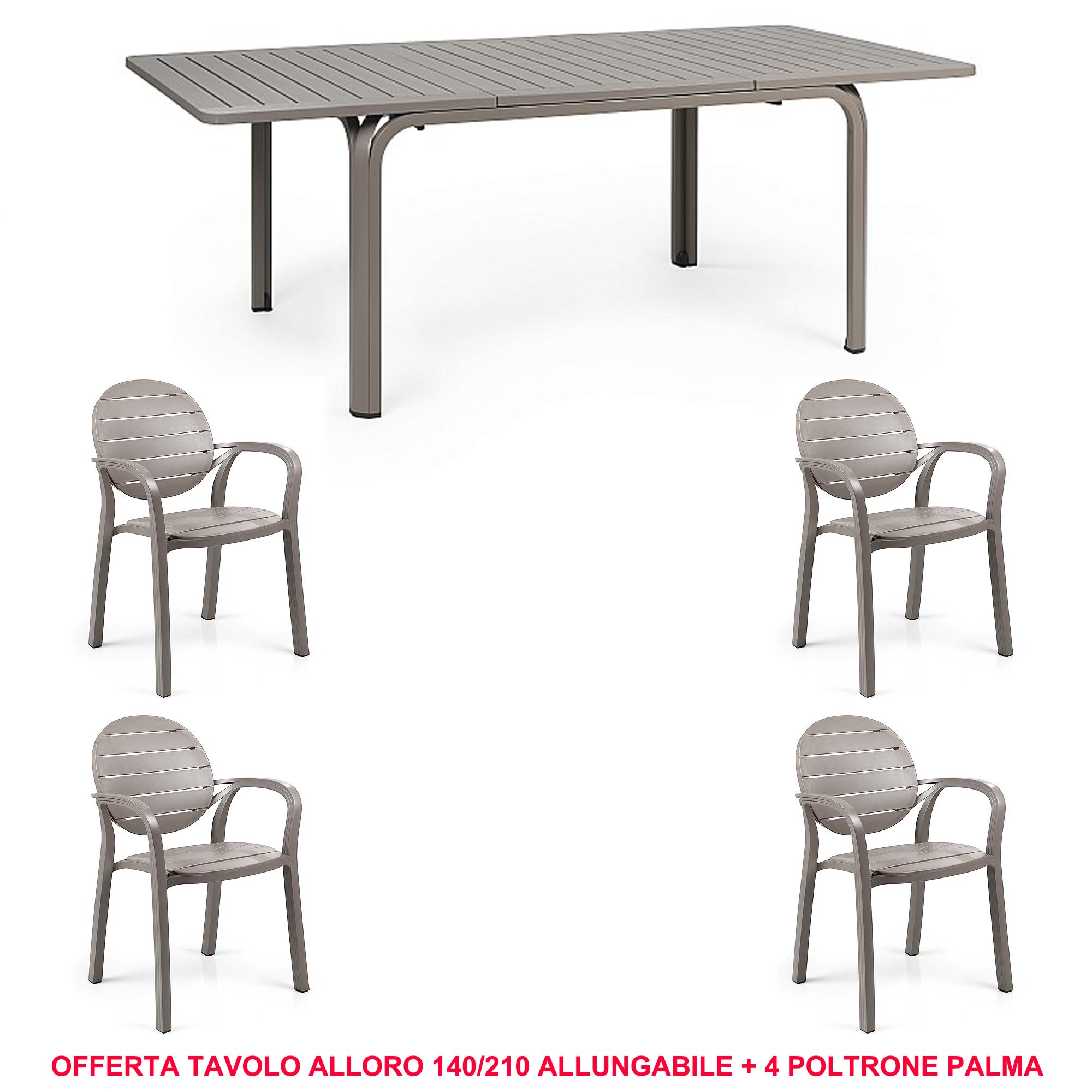 OFFERTA TAVOLO ALLORO ESTENSIBILE 140/210CM + 4 POLTRONE PALMA COLORE A SCELTA