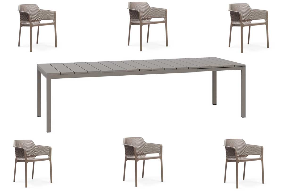 OFFERTA TAVOLO RIO ALLUNGABILE 140/210CM +6 POLTRONE NET TORTORA