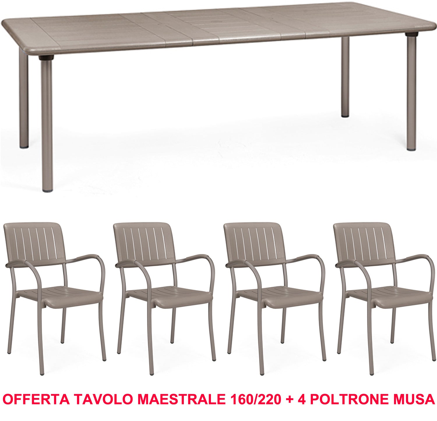 OFFERTA TAVOLO MAESTRALE 160/220CM ESTENSIBILE + 4 POLTRONE MUSA COLORE A SCELTA