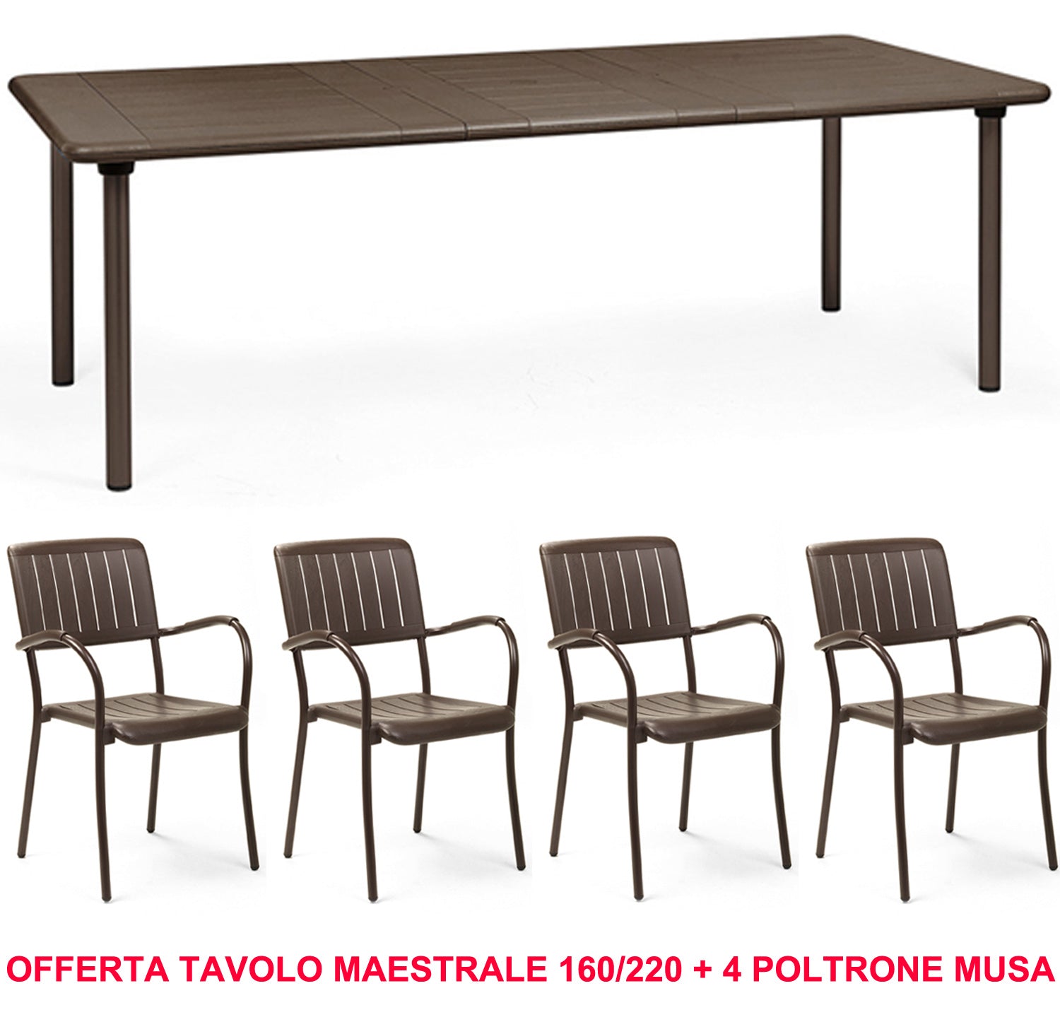 OFFERTA TAVOLO MAESTRALE 160/220CM ESTENSIBILE + 4 POLTRONE MUSA COLORE A SCELTA