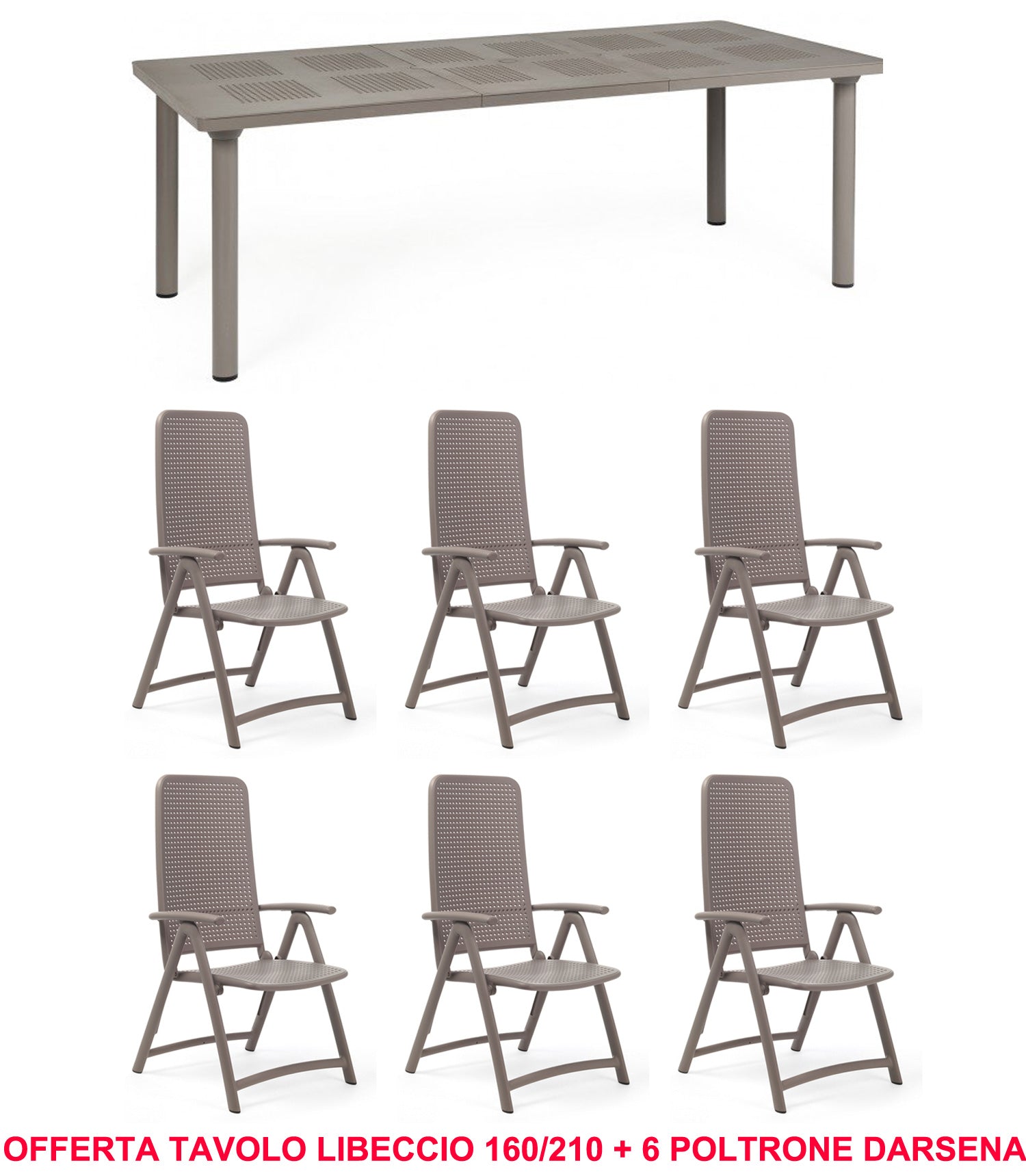 OFFRE : TABLE EXTENSIBLE LIBECCIO 160/220CM + 6 FAUTEUILS DARSENA DANS LES COULEURS DE VOTRE CHOIX