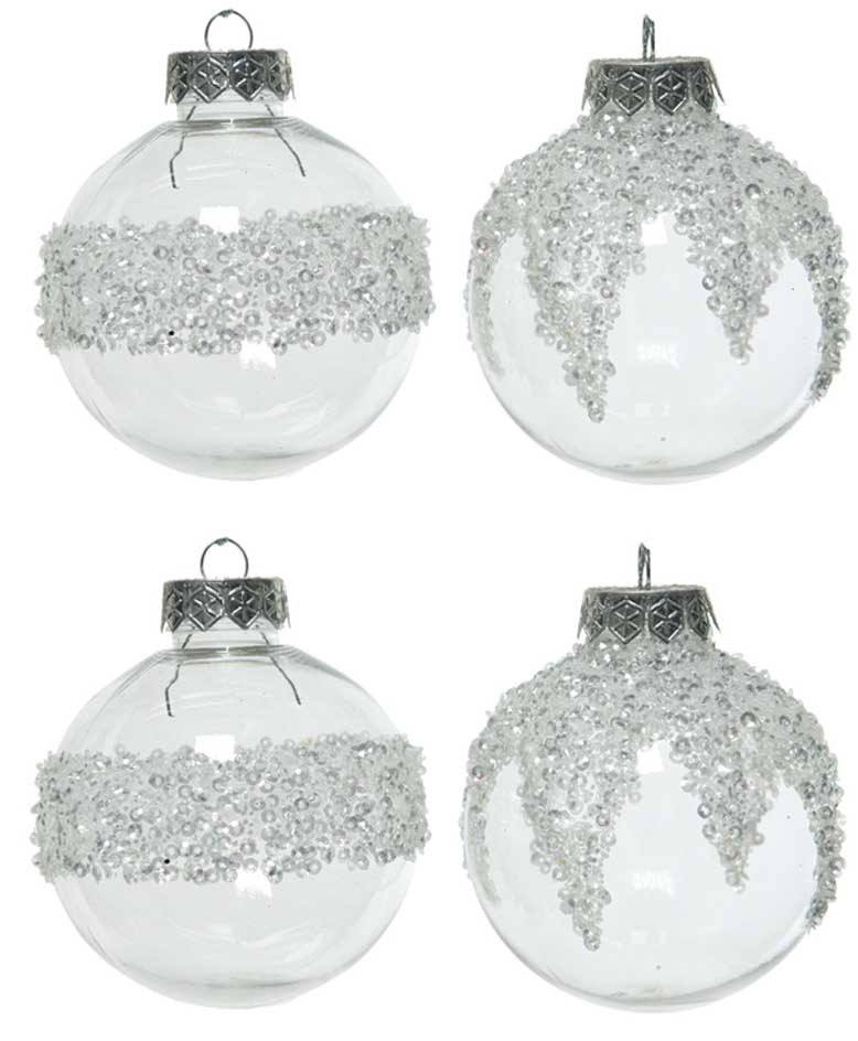 OFFERTA 4 PALLINE 8CM ARGENTO/TRASPARENTE CON GLITTER ASSORTITE