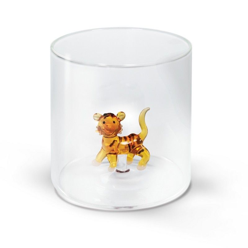 Bicchiere in Vetro Borosilicato con Statuina Tigre 250 ml Trasparente Wd Lifestyle