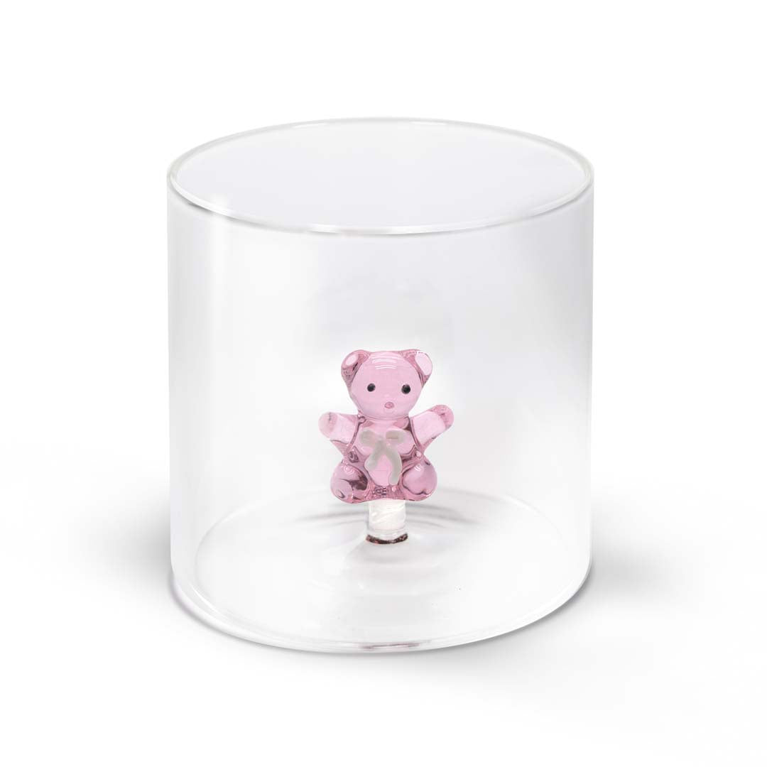 Bicchiere in vetro borosilicato con soggetto in vetro colorato all'interno figura Orsetto rosa