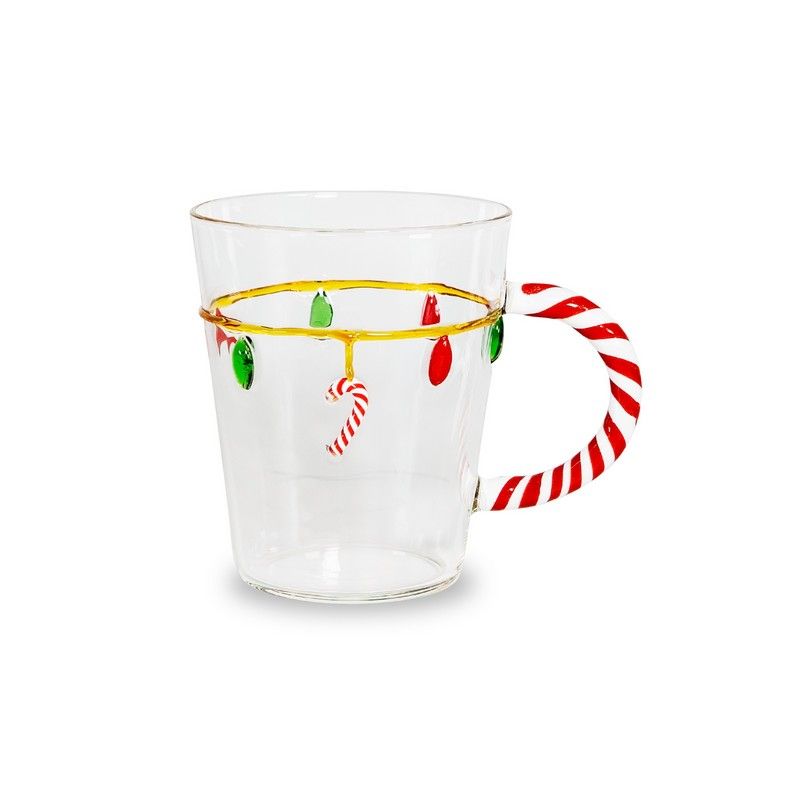 Becher aus Borosilikatglas 425 ml mit Zuckerstangen-Henkel und Weihnachtsbeleuchtungs-Dekor Wd Lifestyle