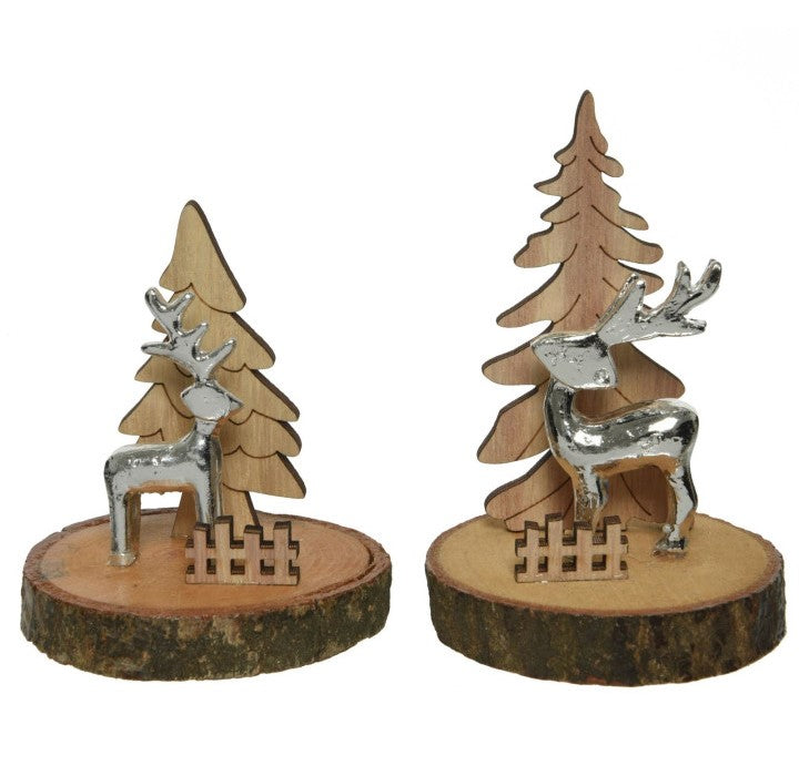 DECORAZIONE NATALIZIA RENNA ARGENTO CON ALBERO IN LEGNO 12CM MODELLO ASSORTITO