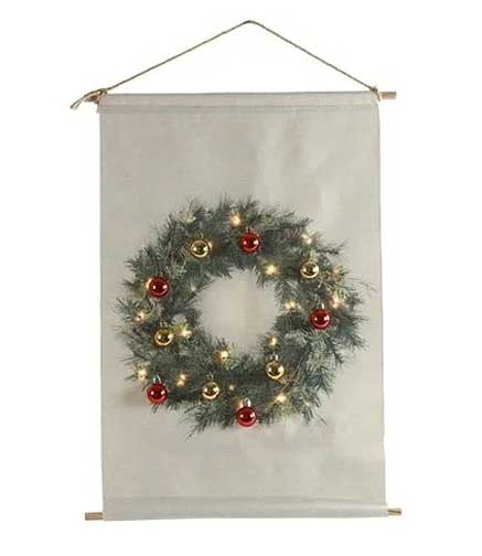 TELO DECORATIVO DA MURO CON CORONA DI NATALE LED BIANCO CALDO H60CM