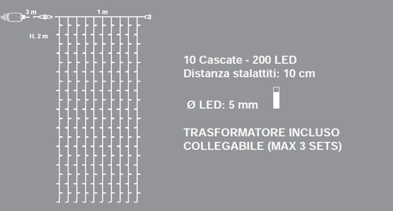 TENDA CON CASCATA 200 LED BIANCO CALDO CON GIOCHI DI LUCE 1XH2MT COLLEGABILE
