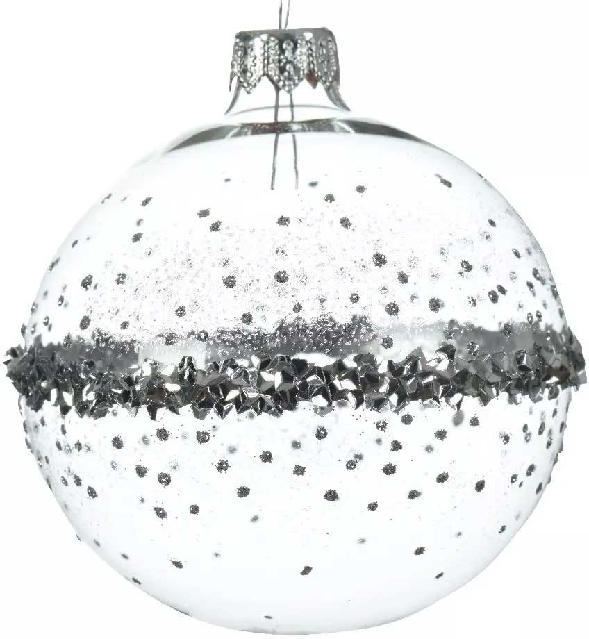 PALLINA DI NATALE IN VETRO TRASPARENTE CON DECORAZIONI ARGENTO 8CM