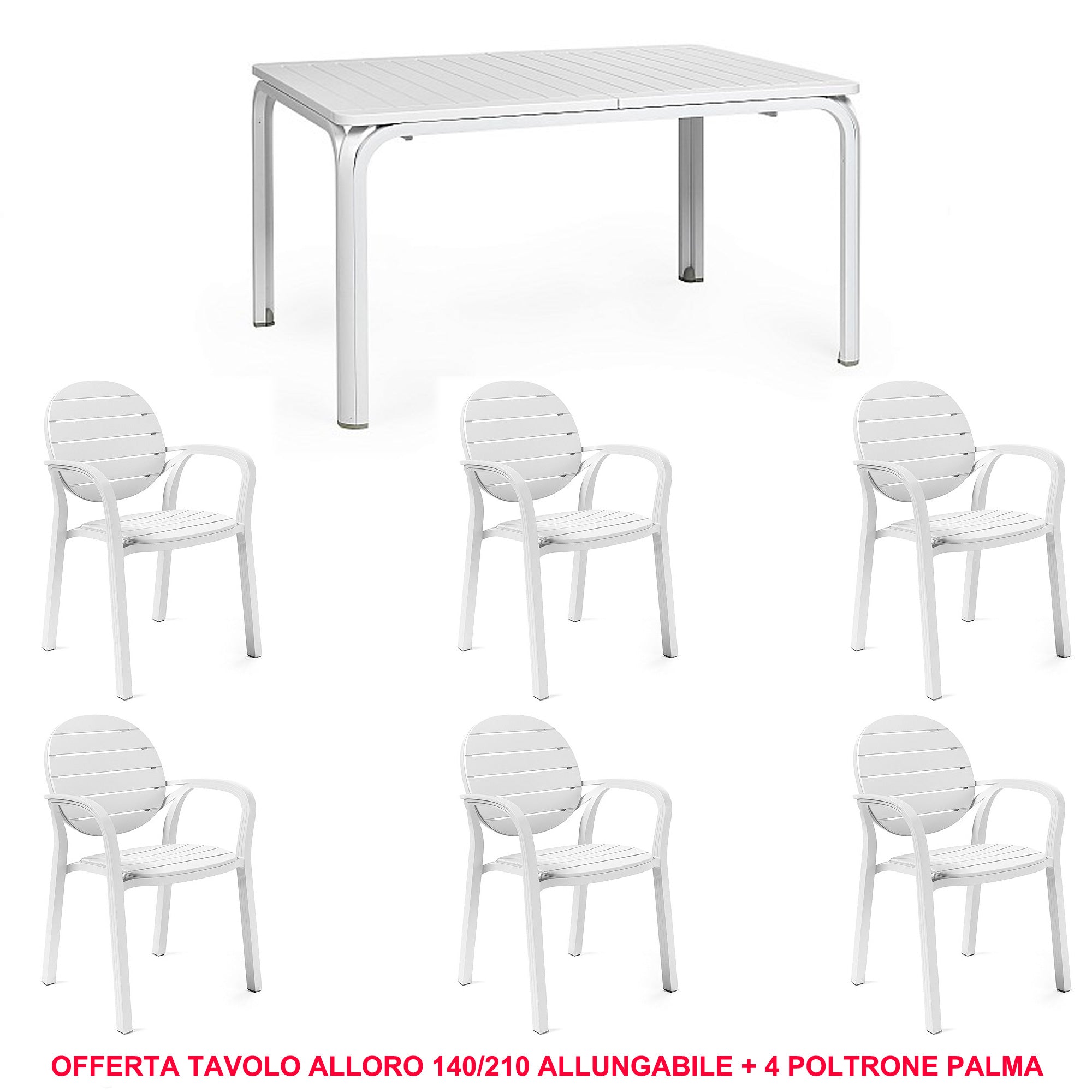 OFFERTA TAVOLO ALLORO ESTENSIBILE 140/210CM + 6 POLTRONE PALMA COLORE A SCELTA