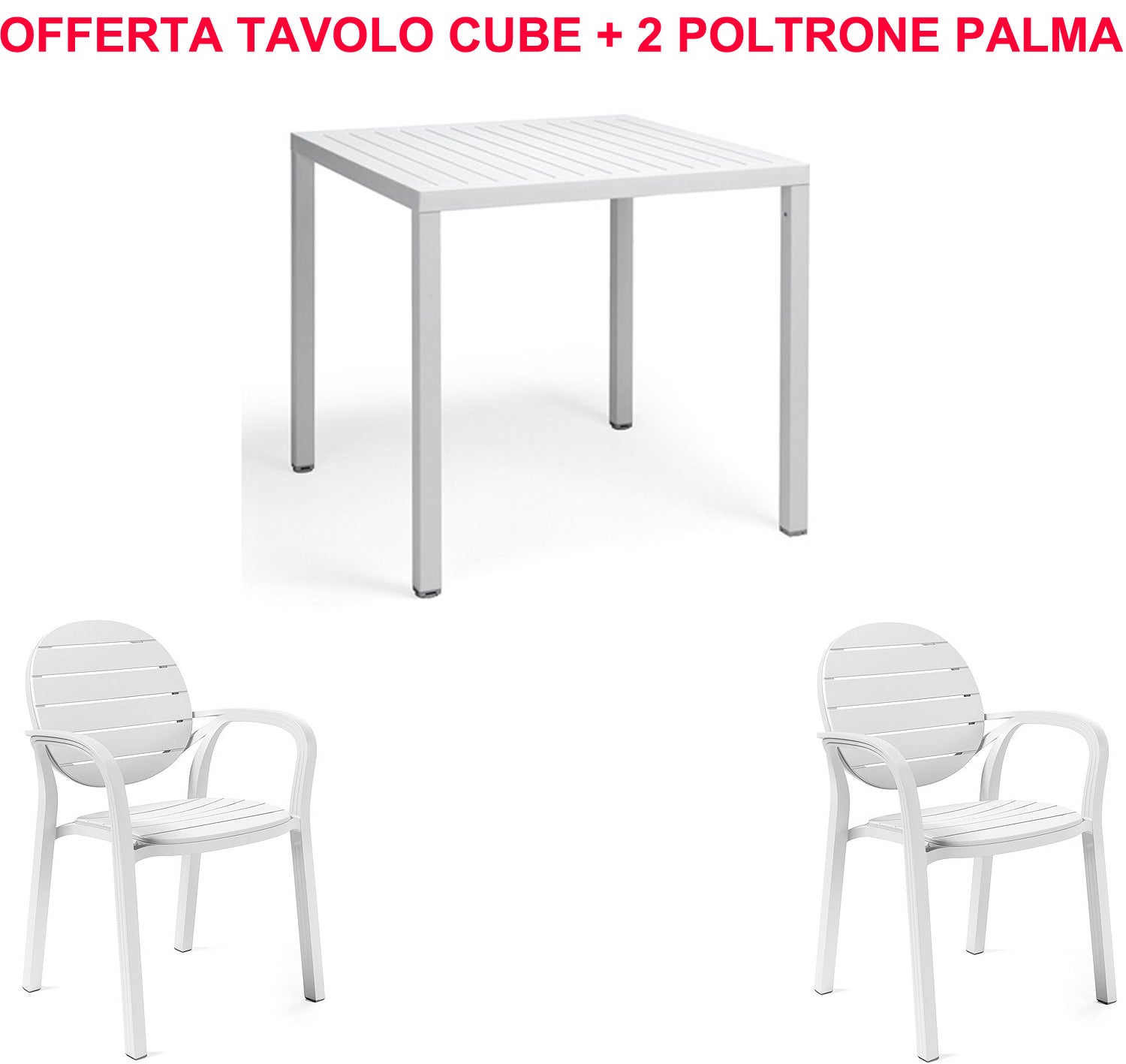 OFFERTA TAVOLO CUBE 80X80 + 2 SEDIE PALMA COLORE A SCELTA