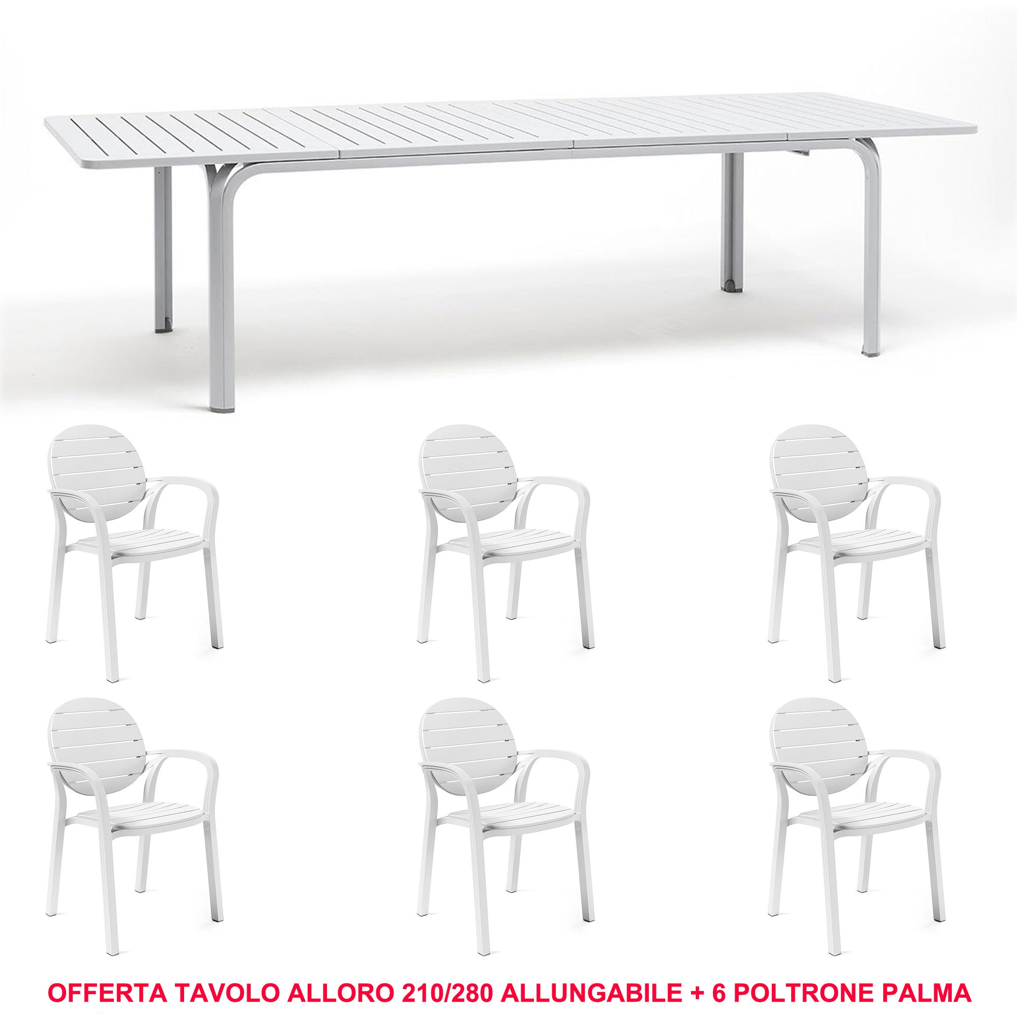 OFFERTA TAVOLO ALLUNGABILE ALLORO 210/280 CM + 6 POLTRONE PALMA COLORE A SCELTA
