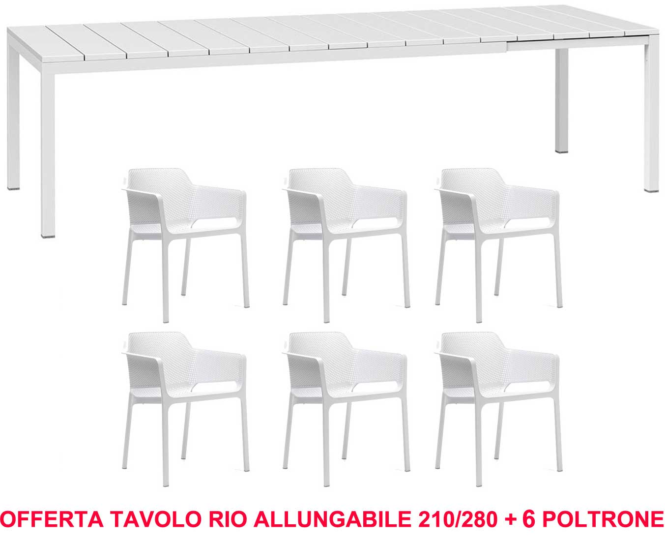 OFFERTA TAVOLO RIO ALLUNGABILE 210/280 + 6 POLTRONE NET COLORE A SCELTA