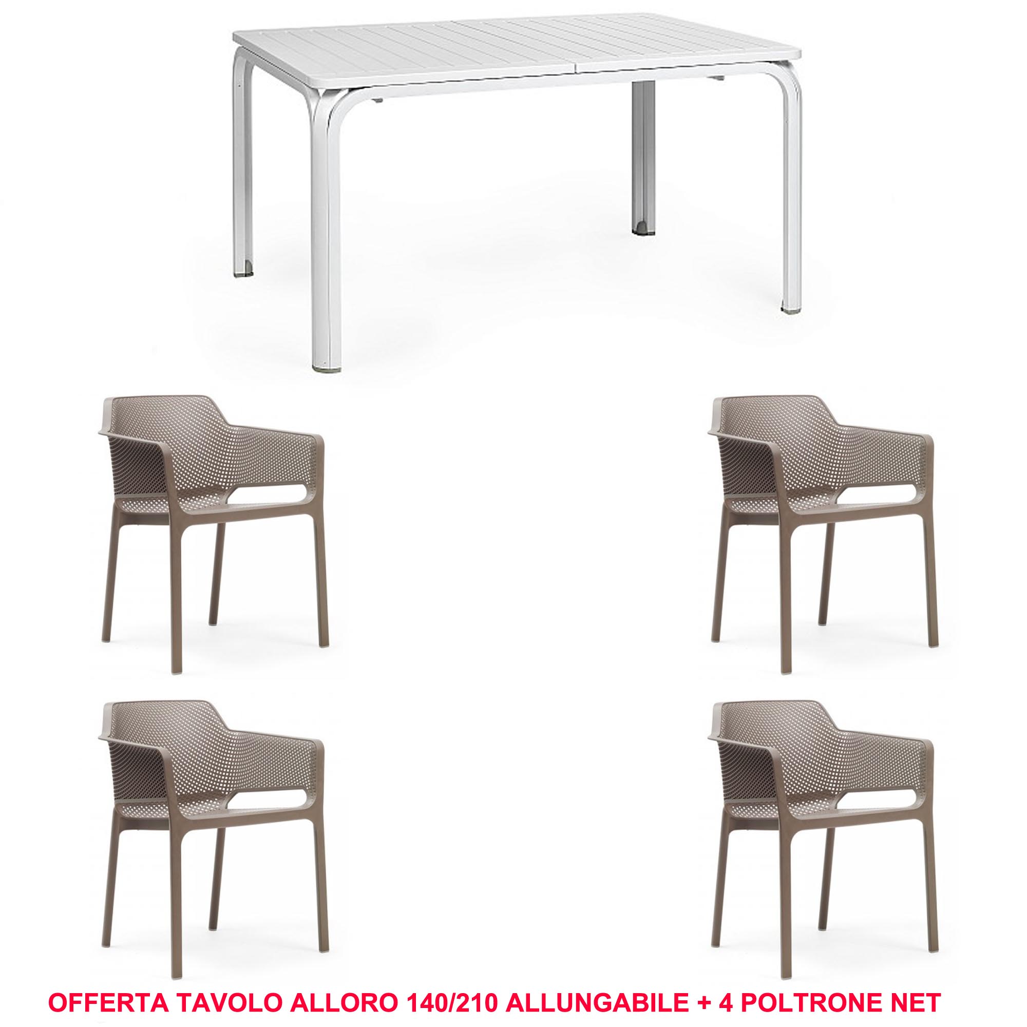 OFFERTA TAVOLO ALLORO ALLUNGABILE 140/210 + 4 POLTRONE NET COLORE A SCELTA