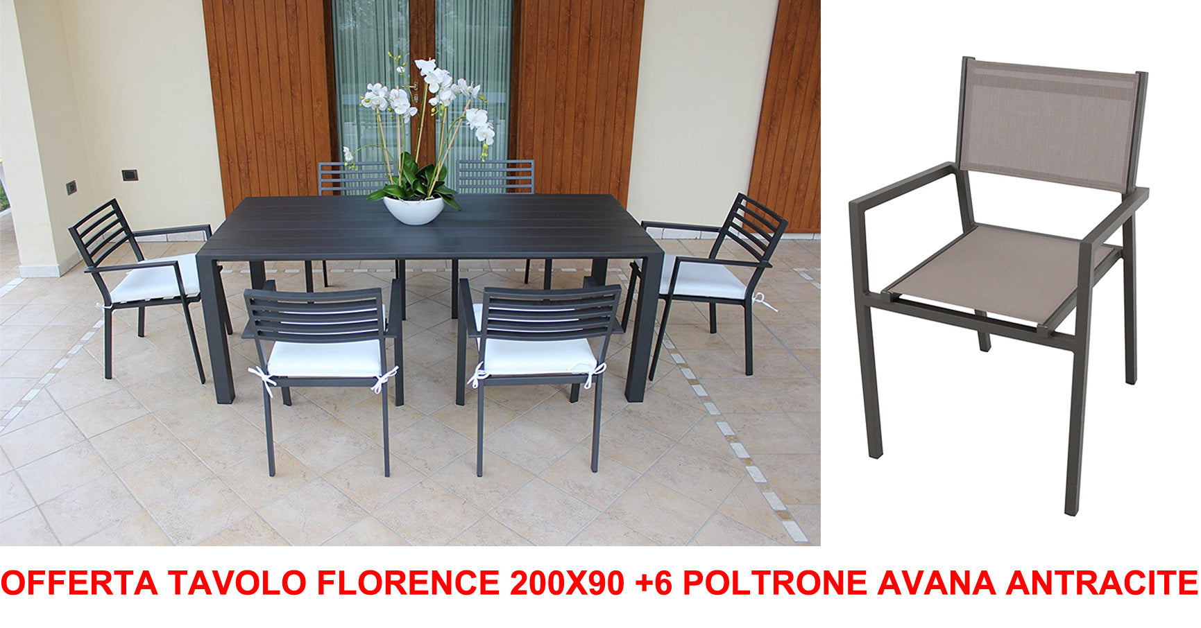 OFFERTA TAVOLO FLORENCE 200X90 +6 POLTRONE AVANA ANTRACITE