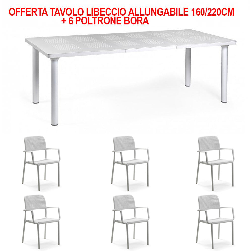 OFFERTA TAVOLO LIBECCIO ALLUNGABILE 160/220CM + 6 POLTRONE BORA COLORE A SCELTA