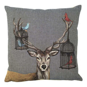CUSCINO GOBELIN CON CERVO FUNKY E GABBIE UCCELLINI 45X45CM