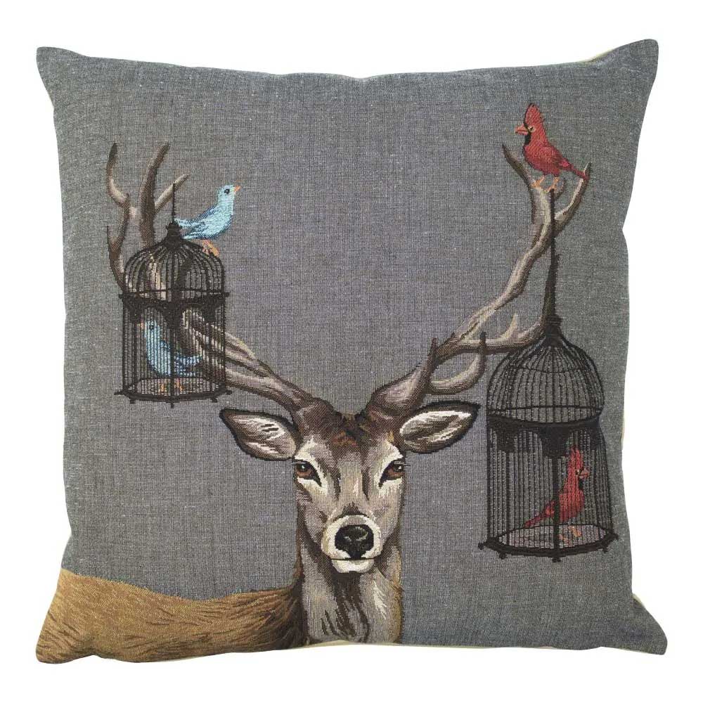 CUSCINO GOBELIN CON CERVO FUNKY E GABBIE UCCELLINI 45X45CM