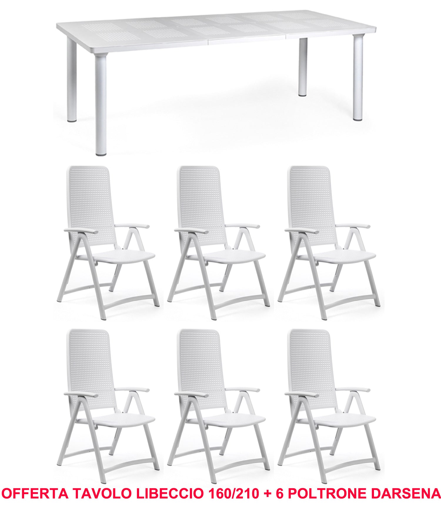 OFFRE : TABLE EXTENSIBLE LIBECCIO 160/220CM + 6 FAUTEUILS DARSENA DANS LES COULEURS DE VOTRE CHOIX