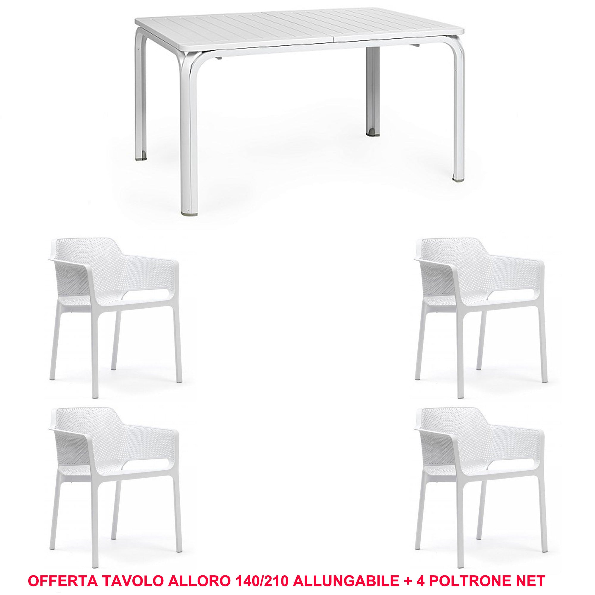 OFFERTA TAVOLO ALLORO ALLUNGABILE 140/210 + 4 POLTRONE NET COLORE A SCELTA