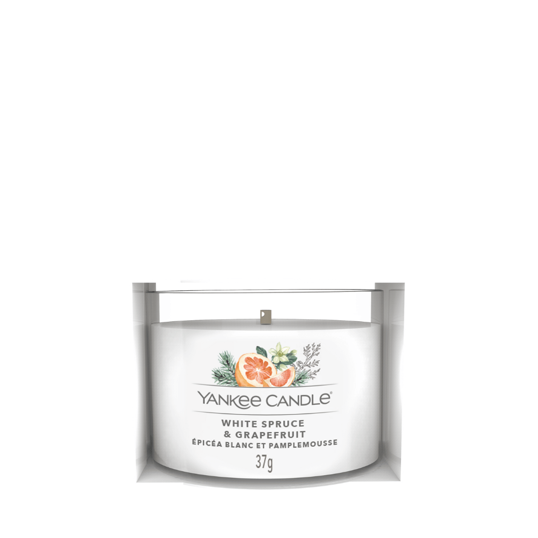 CANDELA VOTIVE IN VETRO WHITE SPRUCE & GRAPEFRUIT - YANKEE CANDLE